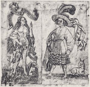Master with the Banderoles Meister mit den Bandrollen Das Mädchen mit der Rose und die Spielkarte Hirsch-Unter c 1465 Engraving