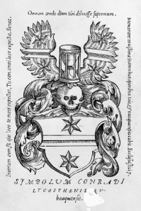 Bookplate of Conrad Wolfhart known as Lycosthènes Rouffach from Basel 1550 engraved on a soft metal lead or tin 110 x 75 mm